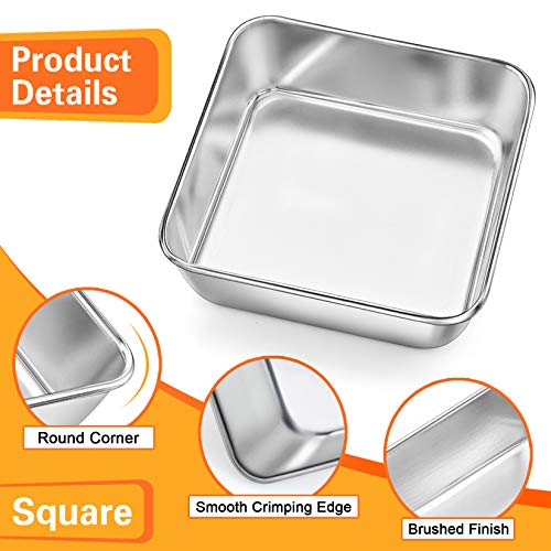 P&P CHEF Square Baking Cake Pans, Small Stainless Steel Lasagna Brownie Pan For Birthday Cake Bread Pie, Non-toxic & Durable, Smooth Rim & Leakproof, Oven & Dishwasher Safe, 6 Inch & 2 Pcs - Image 3