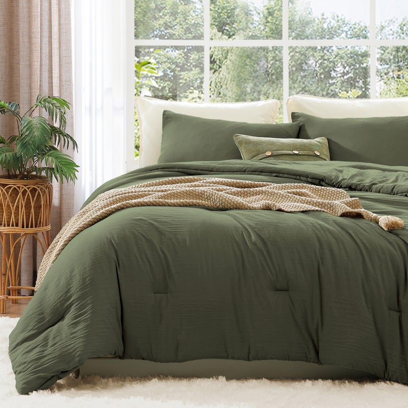 WRENSONGE King Size Comforter Set - 3 Pieces Olive Green Comforter Prewashed Soft Lightweight for All Seasons,Fluffy Down Alternative Comforter King Size with 2 Pillow Shams - Image 1