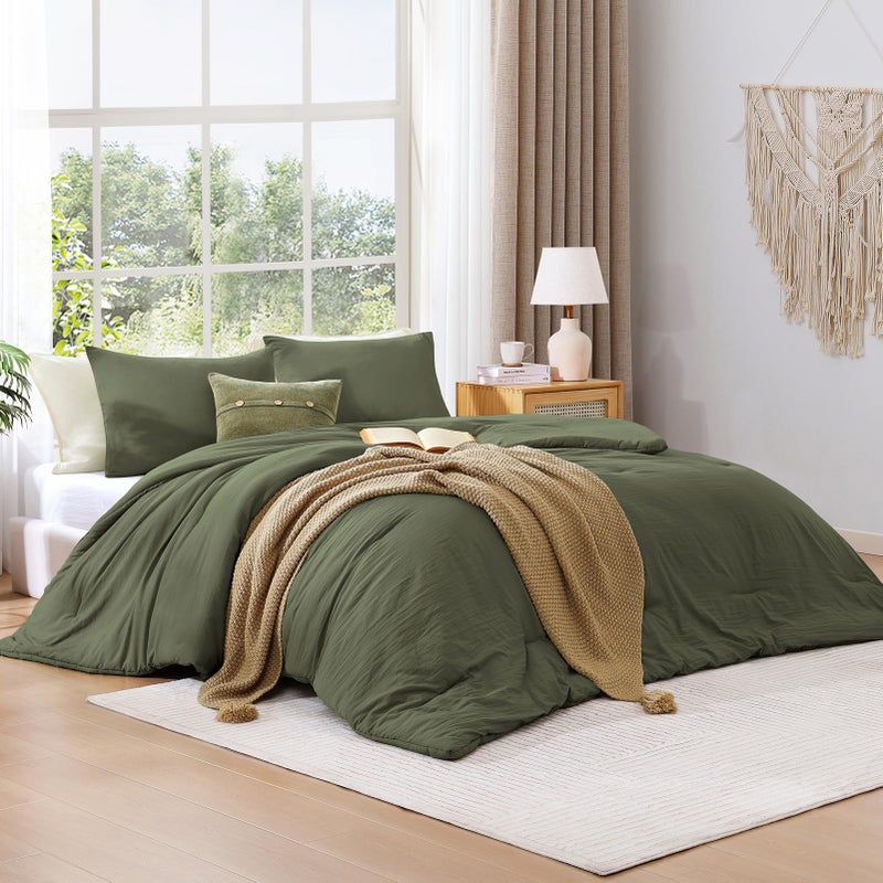 WRENSONGE King Size Comforter Set - 3 Pieces Olive Green Comforter Prewashed Soft Lightweight for All Seasons,Fluffy Down Alternative Comforter King Size with 2 Pillow Shams - Image 2