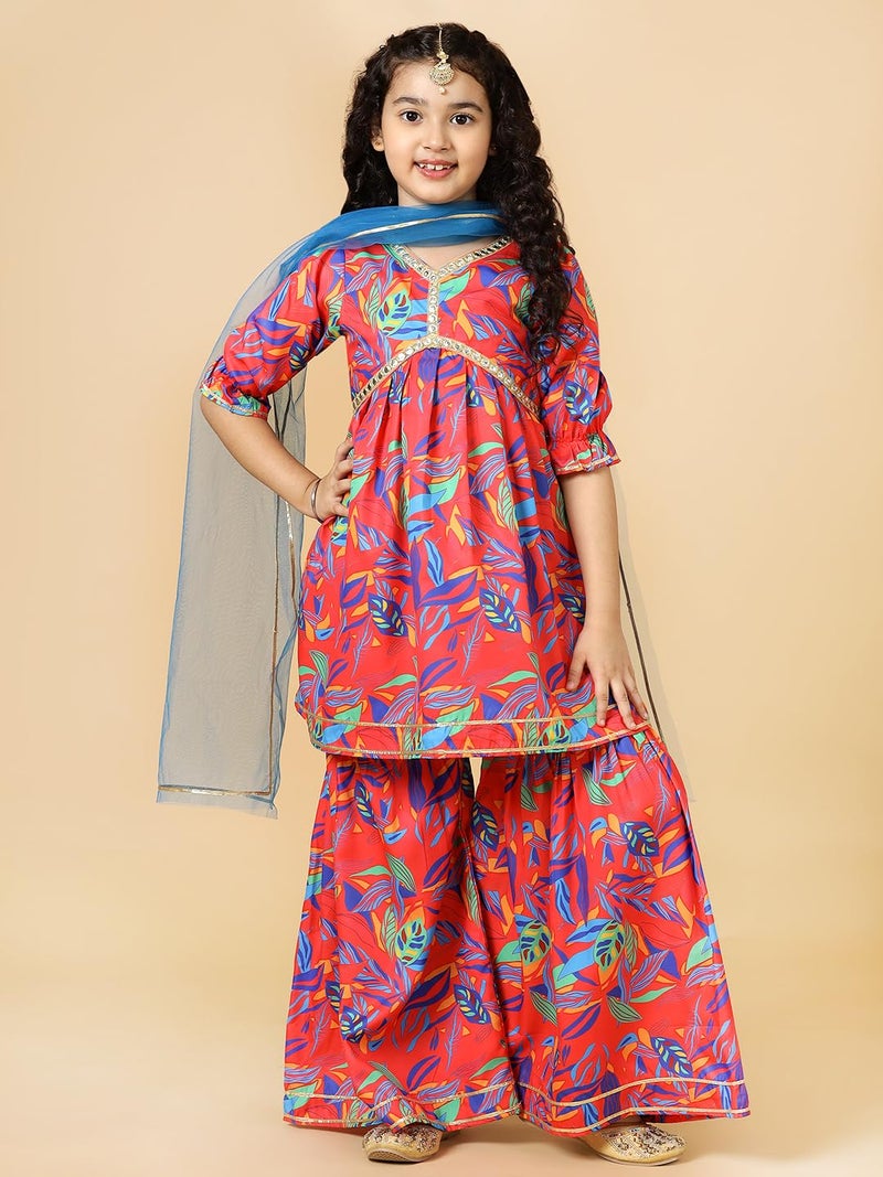A.T.U.N. (ALL THINGS UBER NICE) Red Floral Printed Kurti, Sharara with Dupatta Set for Girls - Image 2