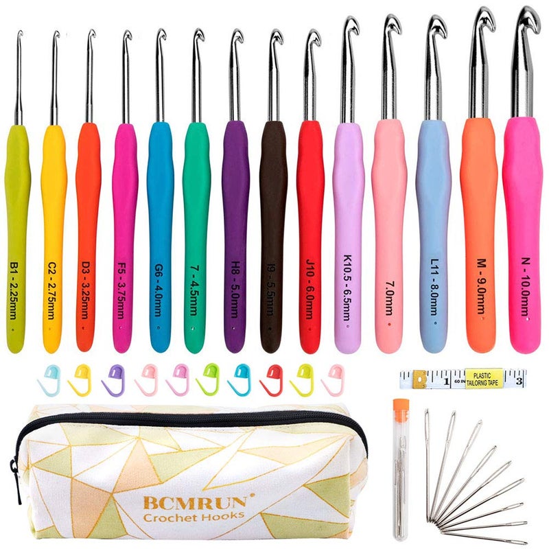 BCMRUN Crochet Hooks Set,14 PCS 2mm(B)-10mm(N) Ergonomic Soft Grip Handles Yarn Knitting Needles Kit with Case for Arthritic Hands, Extra Longâ€¯ Knit Needles, Best Gift for Women - Image 1