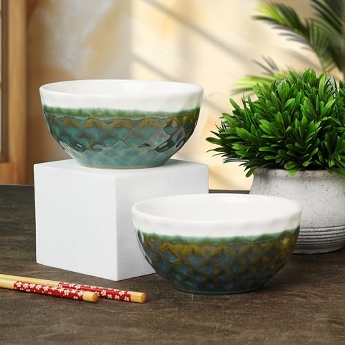 CRAF10 Diamond Cut Designer Bowl 400 ML Ceramic Bowl Dishwasher & Microwave Safe Bowl Mixing Bowl for Snacks Pasta Rice Dal Fruits Salad Noodles | Ideal For Storing, Reheating | Olive Green | Set of 2 - Image 1