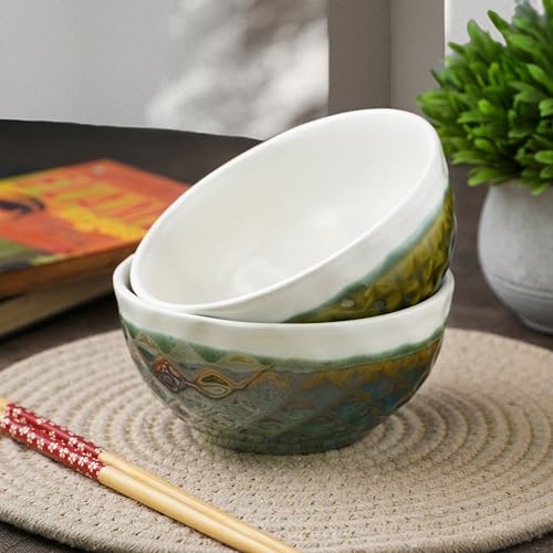 CRAF10 Diamond Cut Designer Bowl 400 ML Ceramic Bowl Dishwasher & Microwave Safe Bowl Mixing Bowl for Snacks Pasta Rice Dal Fruits Salad Noodles | Ideal For Storing, Reheating | Olive Green | Set of 2 - Image 2