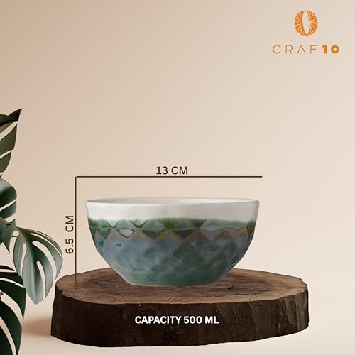 CRAF10 Diamond Cut Designer Bowl 400 ML Ceramic Bowl Dishwasher & Microwave Safe Bowl Mixing Bowl for Snacks Pasta Rice Dal Fruits Salad Noodles | Ideal For Storing, Reheating | Olive Green | Set of 2 - Image 3