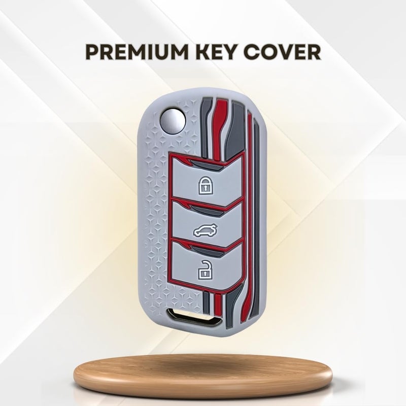 Keycept™ Tristar Silicone Key Cover for Mahindra Scorpio N, 3XO, XUV 300, Marazzo, XUV 700, XUV 400, Bolero, Thar Roxx, TUV 300, EV 3 Button Flip Key Cover (Grey) - Image 2
