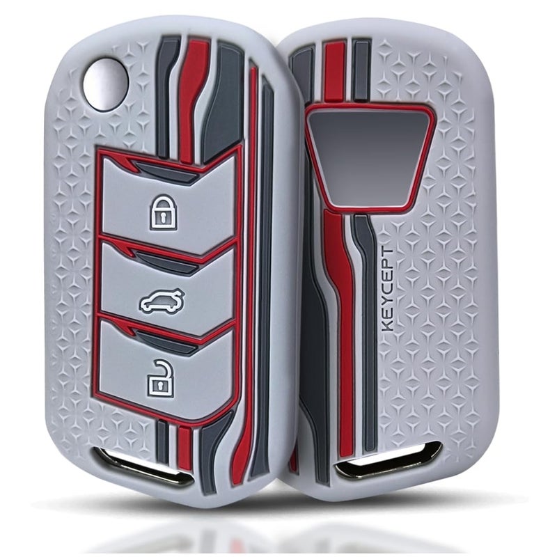 Keycept™ Tristar Silicone Key Cover for Mahindra Scorpio N, 3XO, XUV 300, Marazzo, XUV 700, XUV 400, Bolero, Thar Roxx, TUV 300, EV 3 Button Flip Key Cover (Grey) - Image 1