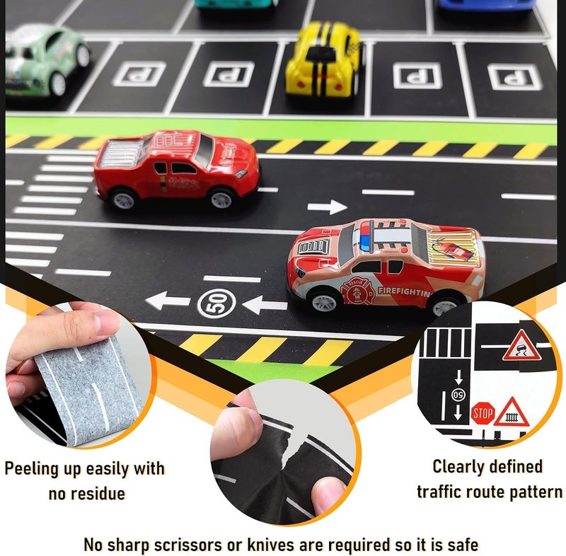 EKIND Black Road Sets 2 Rolls 16.4'X2 Straight Track Road Sticker Tape, 4 Pcs 2" Black Tight Curves, 40 Die Cut Traffic Sign Stickers, for Toy Car DIY Traffic Road Adhesive Removable Tape (Set A) - Image 3