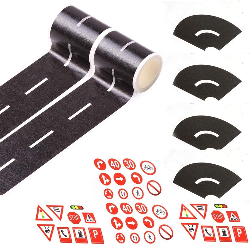 EKIND Black Road Sets 2 Rolls 16.4'X2 Straight Track Road Sticker Tape, 4 Pcs 2" Black Tight Curves, 40 Die Cut Traffic Sign Stickers, for Toy Car DIY Traffic Road Adhesive Removable Tape (Set A) - Image 1