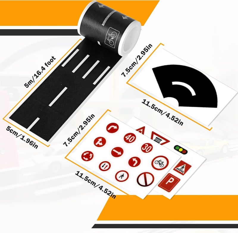 EKIND Black Road Sets 2 Rolls 16.4'X2 Straight Track Road Sticker Tape, 4 Pcs 2" Black Tight Curves, 40 Die Cut Traffic Sign Stickers, for Toy Car DIY Traffic Road Adhesive Removable Tape (Set A) - Image 2