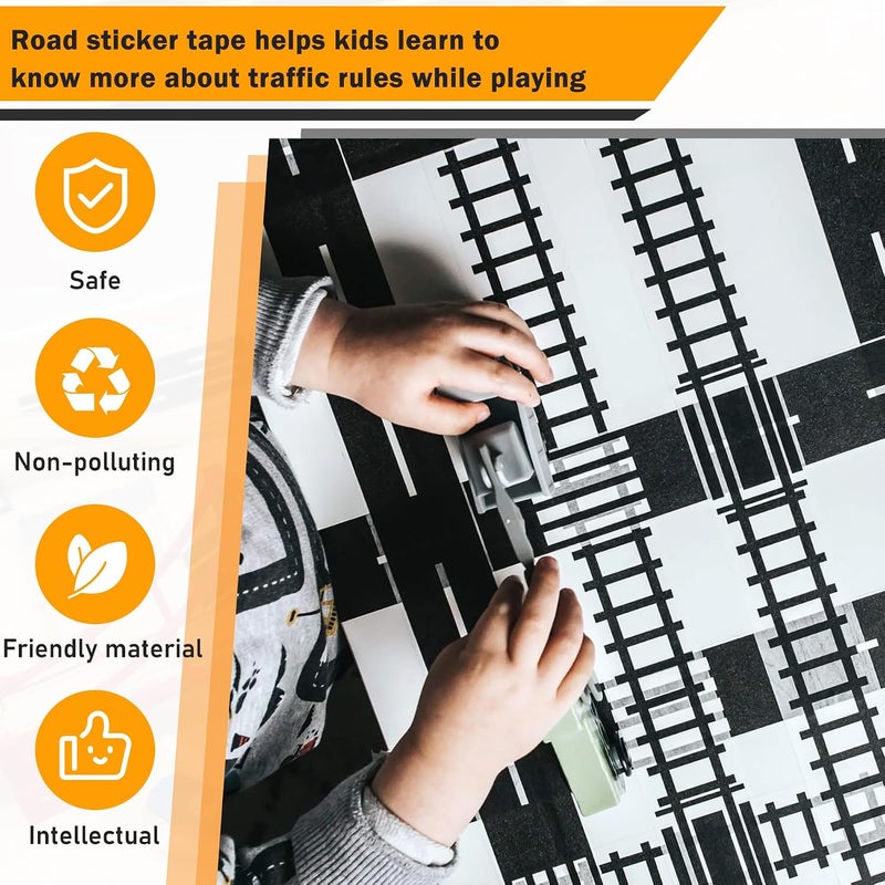 EKIND Black Road Sets 2 Rolls 16.4'X2 Straight Track Road Sticker Tape, 4 Pcs 2" Black Tight Curves, 40 Die Cut Traffic Sign Stickers, for Toy Car DIY Traffic Road Adhesive Removable Tape (Set A) - Image 4