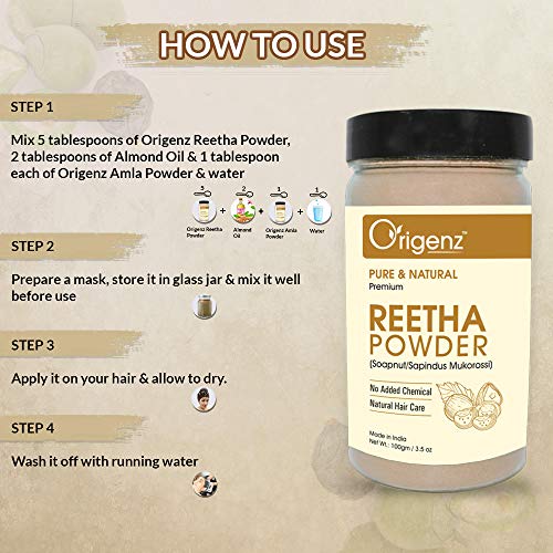 Origenz Reetha Powder 100 gm for Hair Wash, Pack, Mask, Shampoo, Scalp Care, Dandruff | Seedless Dried Ritha/Aritha/Soapnuts/Sapindus Mukorossi | Natural Cleanser | In Jar 3.53 oz - Image 3