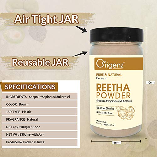 Origenz Reetha Powder 100 gm for Hair Wash, Pack, Mask, Shampoo, Scalp Care, Dandruff | Seedless Dried Ritha/Aritha/Soapnuts/Sapindus Mukorossi | Natural Cleanser | In Jar 3.53 oz - Image 4