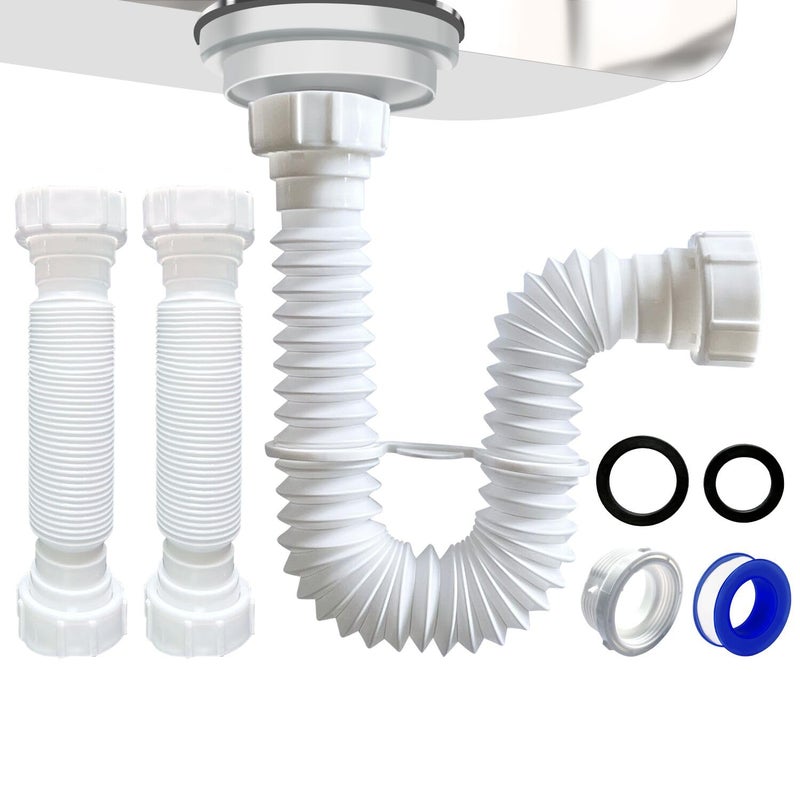 VIVIDA 112 Sink Drain Pipe 2 PACK Flexible Drain P Trap 75177 Flexible Under Sink Pipe Kit for Bathroom and Kitchen 114 Adapter Included White