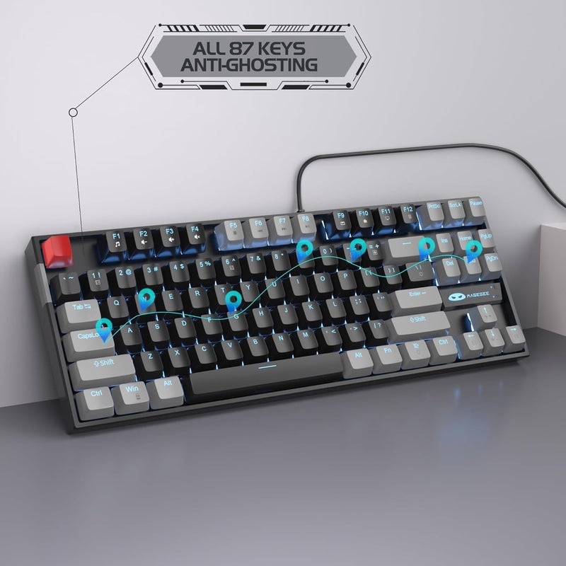 MageGee 75% Mechanical Gaming Keyboard with Red Switch, LED Blue Backlit Keyboard, 87 Keys Compact TKL Wired Computer Keyboard for Windows Laptop PC Gamer - Black/Grey - Image 5