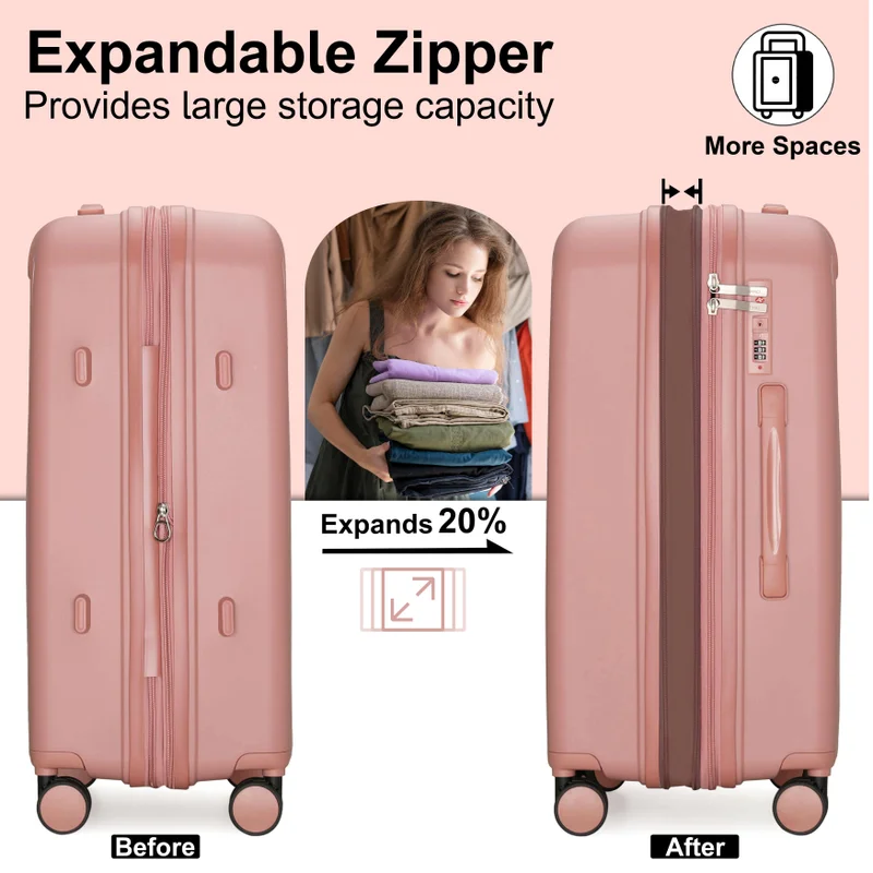 Cabinpro rose Unisex Expandable Large Checked PP Fashion Trolley Lightweight Hard Shell Spinner luggage with 360° Degree 4 Twin Wheel and Double Zippers CP003 Rose  | Best Price UAE