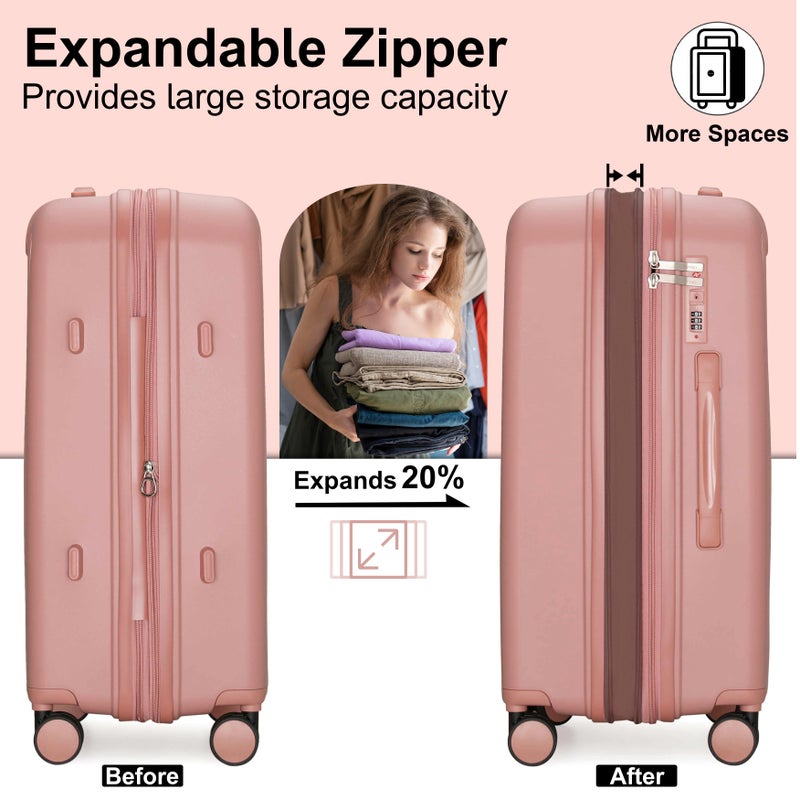 CABINPRO Unisex Expandable Large Checked PP Fashion Trolley Lightweight Hard Shell Spinner luggage with 360° Degree 4 Twin Wheel and Double Zippers CP003 Rose - Image 4
