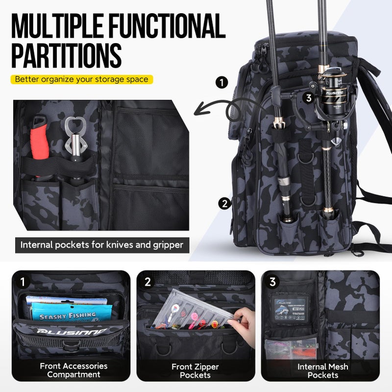 PLUSINNO Fishing Backpack with Rod Holders, 42L Large Water-Resistant Fishing Tackle Bag Store Fishing Gear for Fishing, Camping, Hiking, Fishing Gifts for Men Father, Black Camo - Image 5