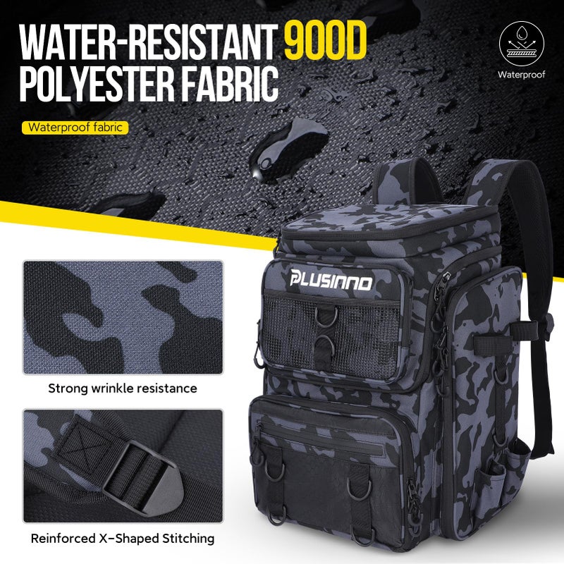 PLUSINNO Fishing Backpack with Rod Holders, 42L Large Water-Resistant Fishing Tackle Bag Store Fishing Gear for Fishing, Camping, Hiking, Fishing Gifts for Men Father, Black Camo - Image 4