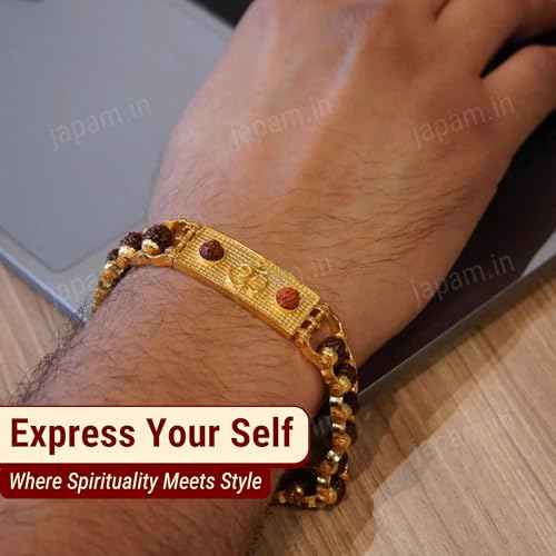 Japam Unisex Gold Plated Modern Om Rudraksha Bracelet 7.5 Inches Length - Image 3