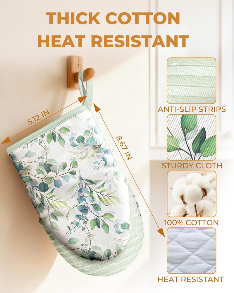 Slohif Sage Green Mini Oven Mitts Set â€“ Flower Extended Short Heat Resistant Kitchen Gloves for Women, 100% Cotton Oven Mitts with Silicone Grips, Non-Slip and Thick Durable for Cooking & Baking - Image 2