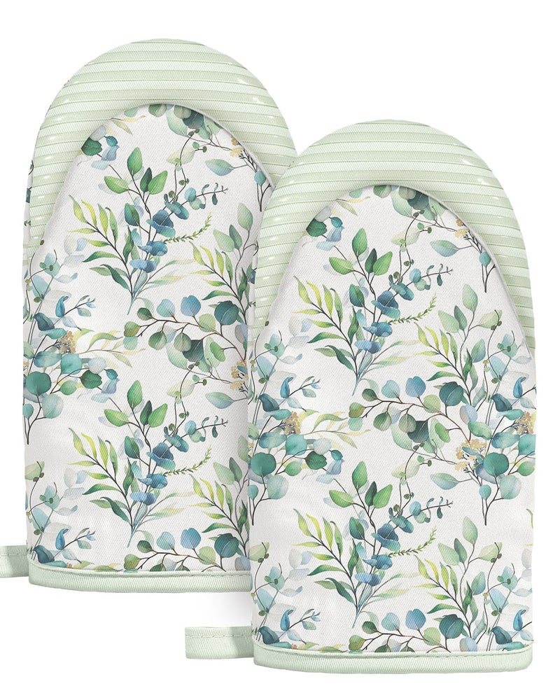 Slohif Sage Green Mini Oven Mitts Set â€“ Flower Extended Short Heat Resistant Kitchen Gloves for Women, 100% Cotton Oven Mitts with Silicone Grips, Non-Slip and Thick Durable for Cooking & Baking - Image 1