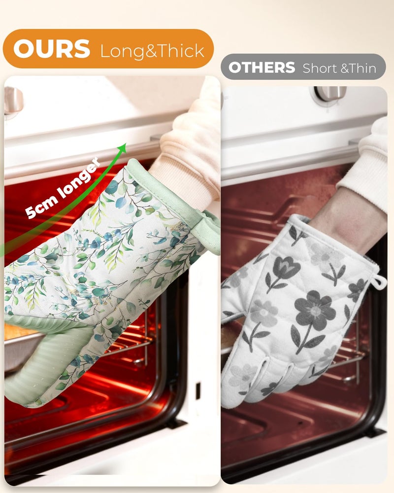 Slohif Sage Green Mini Oven Mitts Set â€“ Flower Extended Short Heat Resistant Kitchen Gloves for Women, 100% Cotton Oven Mitts with Silicone Grips, Non-Slip and Thick Durable for Cooking & Baking - Image 3