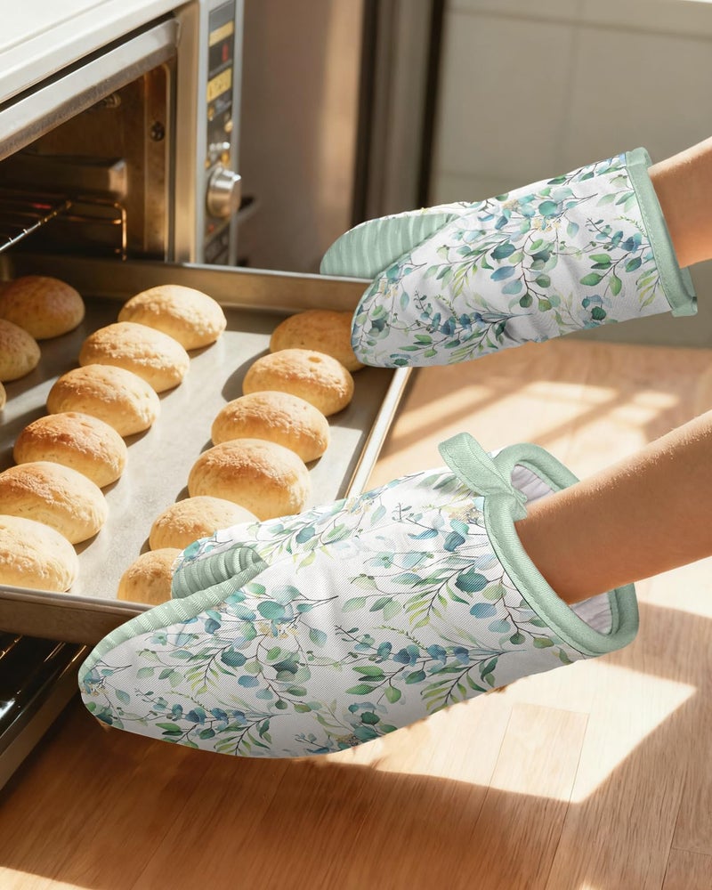 Slohif Sage Green Mini Oven Mitts Set â€“ Flower Extended Short Heat Resistant Kitchen Gloves for Women, 100% Cotton Oven Mitts with Silicone Grips, Non-Slip and Thick Durable for Cooking & Baking - Image 5