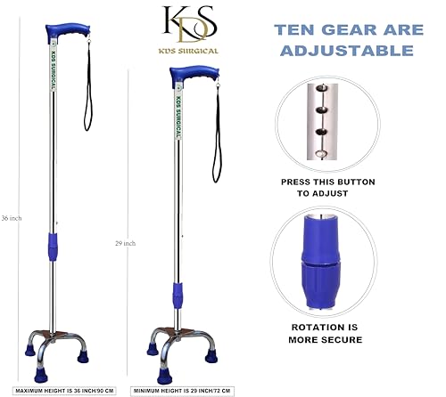 Kds Surgical 3 Leg Chrome Adjustable Height Men/Women/Old Age People Patient Walking Stick (Blue) - Image 4