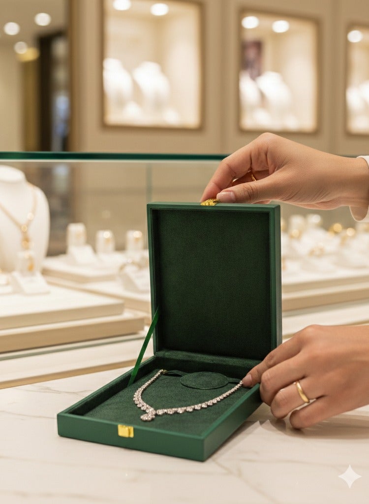 Al Seraj Luxury Necklace Jewelry Box Made in Dubai | Premium Green Rexine Exterior with Soft Green Suede Interior | Elegant Necklace Storage Case for Gift, Wedding, Retail Display & Jewelry Protection - Image 4