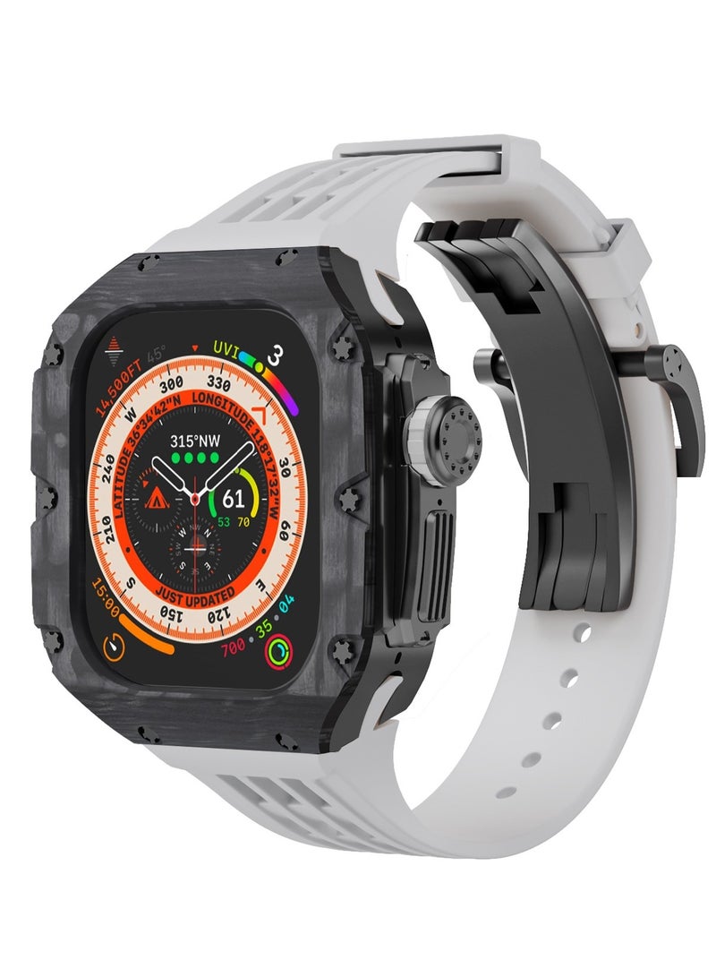 AROAQ Carbon Fiber Case For Apple Watch, 49mm Fluororubber Band Metal Bazel For Iwatch, Ultra Titanium Alloy Integrated Protective Case, (Carbon shell-black titanium frame-white tape)  - Image 1
