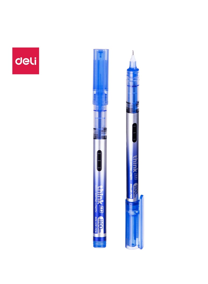 Deli EQ300-BL Roller Pen 12 pcs / box – 0.5mm Needle Tip, 1100m Writing Length, Ink Indicator, Smooth & Non-Toxic Blue Ink - Image 1