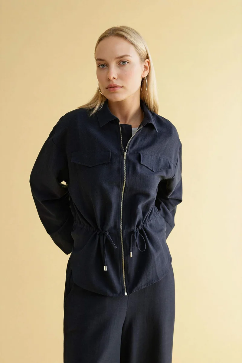 ديفاكتو Relax Fit Linen Blend Zip-Up Shirt