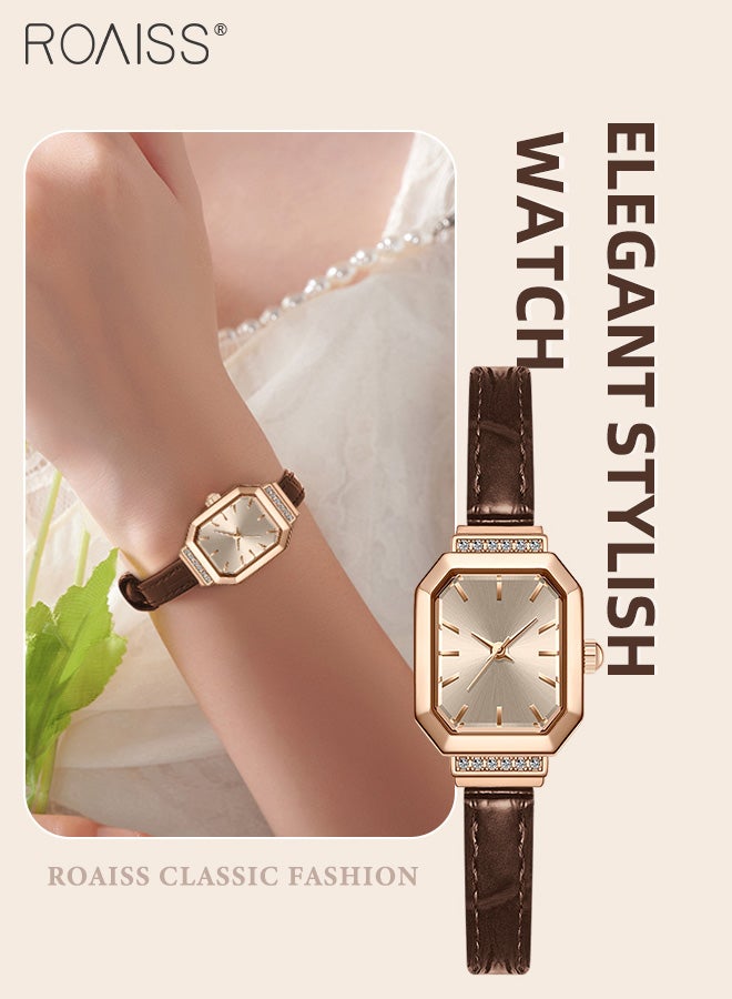 roaiss Women's Leather Strap Quartz Watch, Analog Display Octagonal Dial Decorated with Rhinestones, Waterproof Simple Elegant Wristwatch as Gift for Ladies  - Image 1