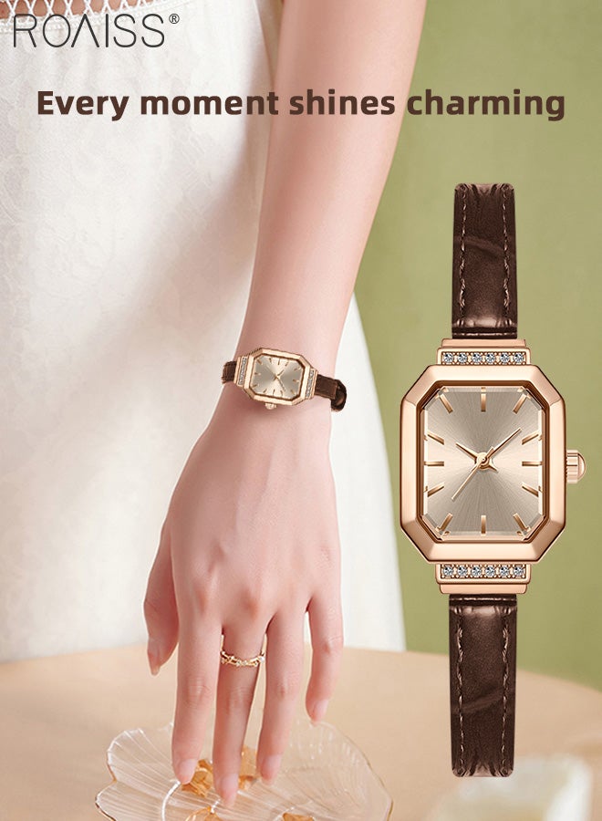 roaiss Women's Leather Strap Quartz Watch, Analog Display Octagonal Dial Decorated with Rhinestones, Waterproof Simple Elegant Wristwatch as Gift for Ladies  - Image 2