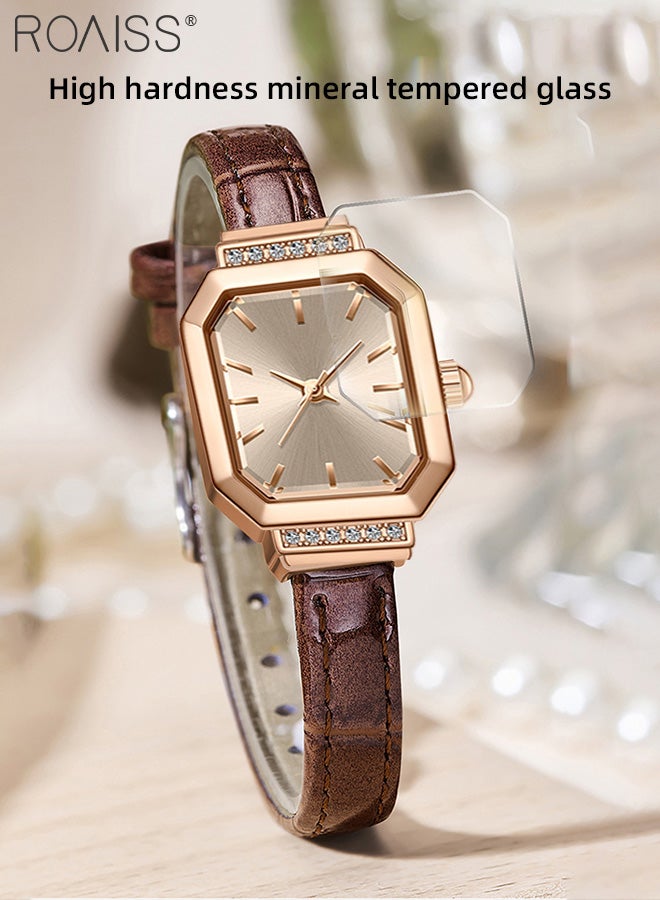 roaiss Women's Leather Strap Quartz Watch, Analog Display Octagonal Dial Decorated with Rhinestones, Waterproof Simple Elegant Wristwatch as Gift for Ladies  - Image 3