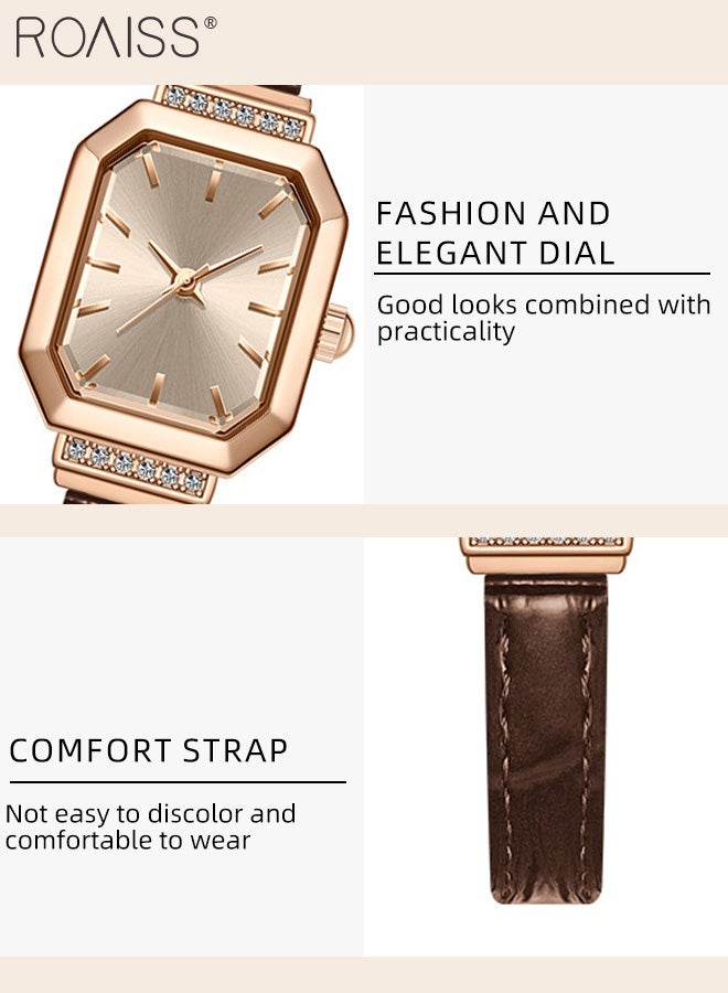 roaiss Women's Leather Strap Quartz Watch, Analog Display Octagonal Dial Decorated with Rhinestones, Waterproof Simple Elegant Wristwatch as Gift for Ladies  - Image 5