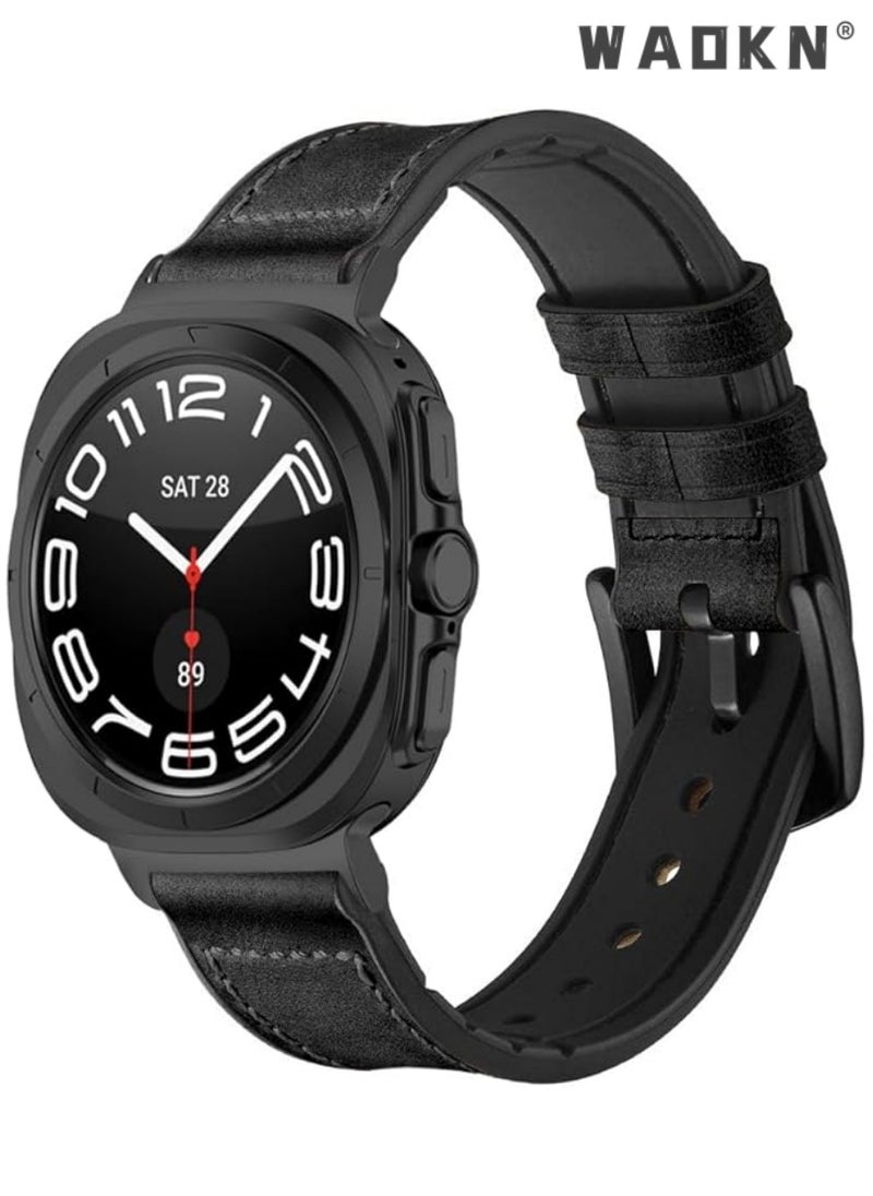 WAOKN - Compatible pour Bracelet Apple Watch,Genuine Leather and Soft Rubber Hybrid Sweatproof Strap,Compatible with 49mm 45mm 44mm 42mm, Fits for Apple Watch Ultra 9 8 7 Series, Black - Image 1