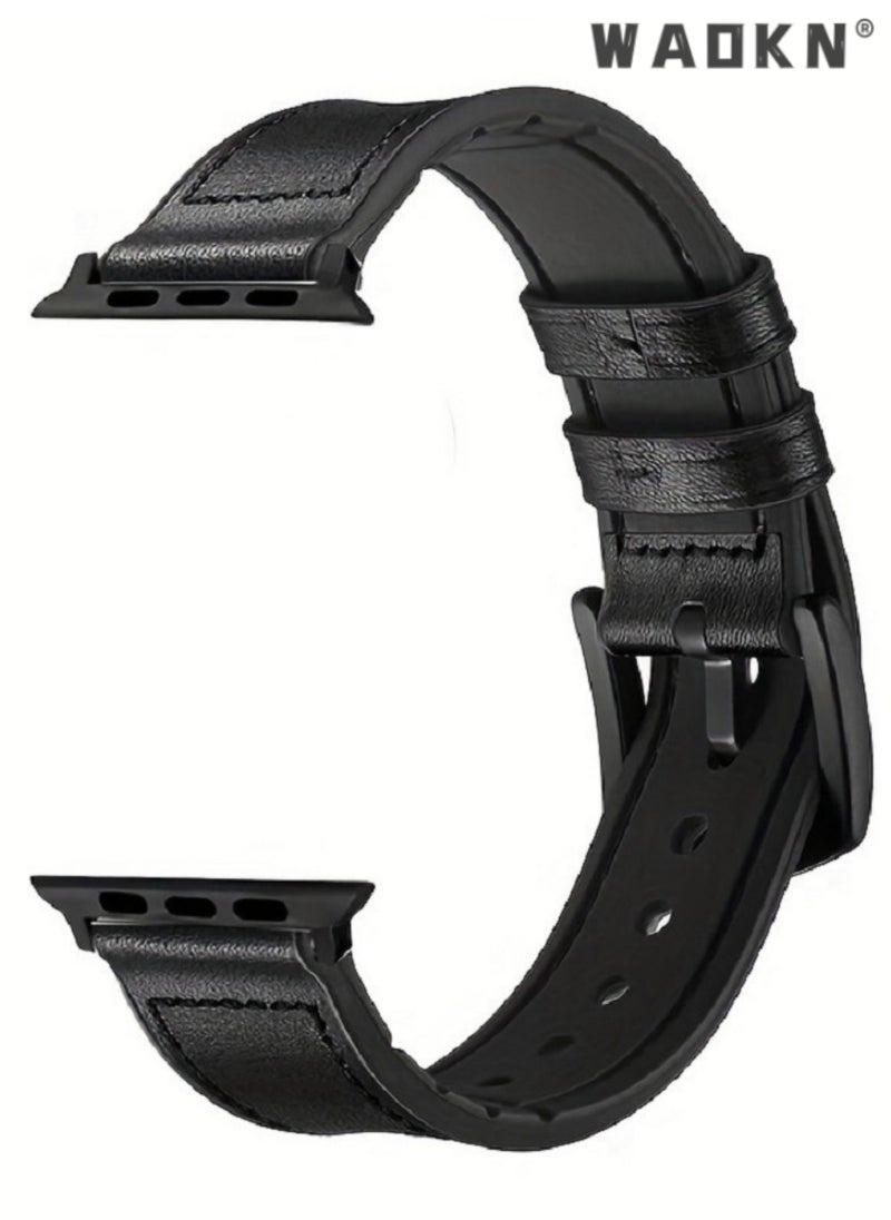 WAOKN - Compatible pour Bracelet Apple Watch,Genuine Leather and Soft Rubber Hybrid Sweatproof Strap,Compatible with 49mm 45mm 44mm 42mm, Fits for Apple Watch Ultra 9 8 7 Series, Black - Image 1