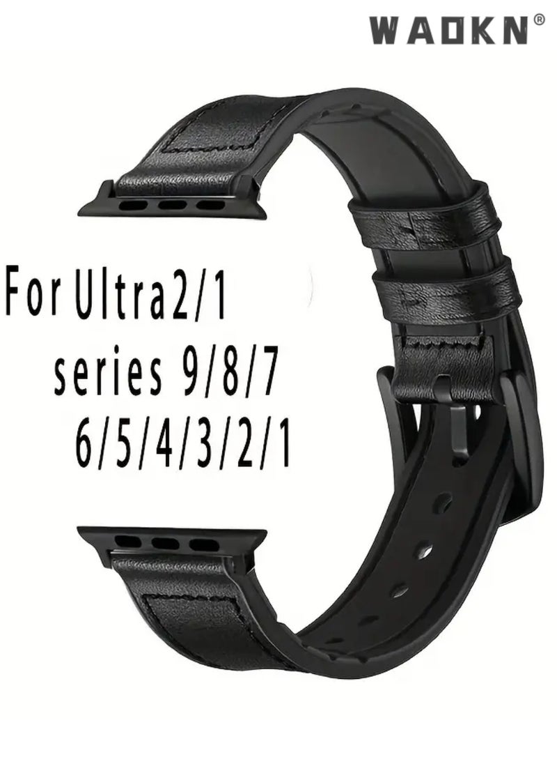 WAOKN - Compatible pour Bracelet Apple Watch,Genuine Leather and Soft Rubber Hybrid Sweatproof Strap,Compatible with 49mm 45mm 44mm 42mm, Fits for Apple Watch Ultra 9 8 7 Series, Black - Image 1