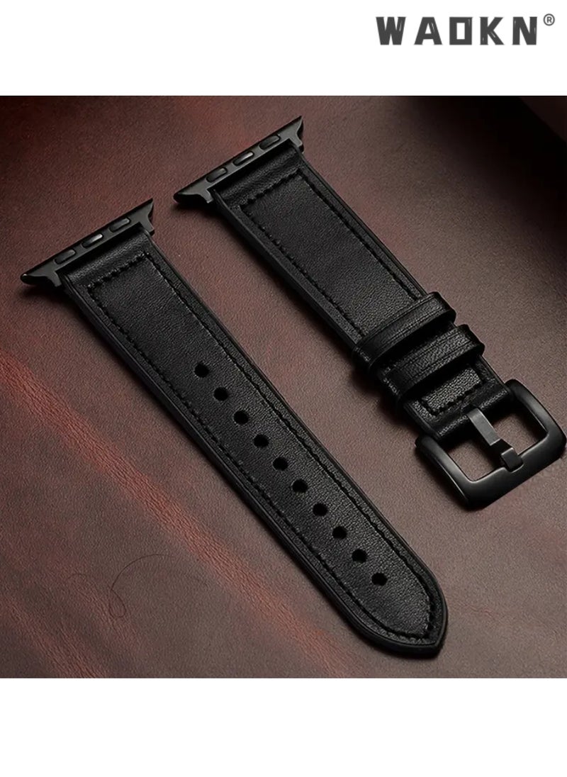 WAOKN - Compatible pour Bracelet Apple Watch,Genuine Leather and Soft Rubber Hybrid Sweatproof Strap,Compatible with 49mm 45mm 44mm 42mm, Fits for Apple Watch Ultra 9 8 7 Series, Black - Image 1