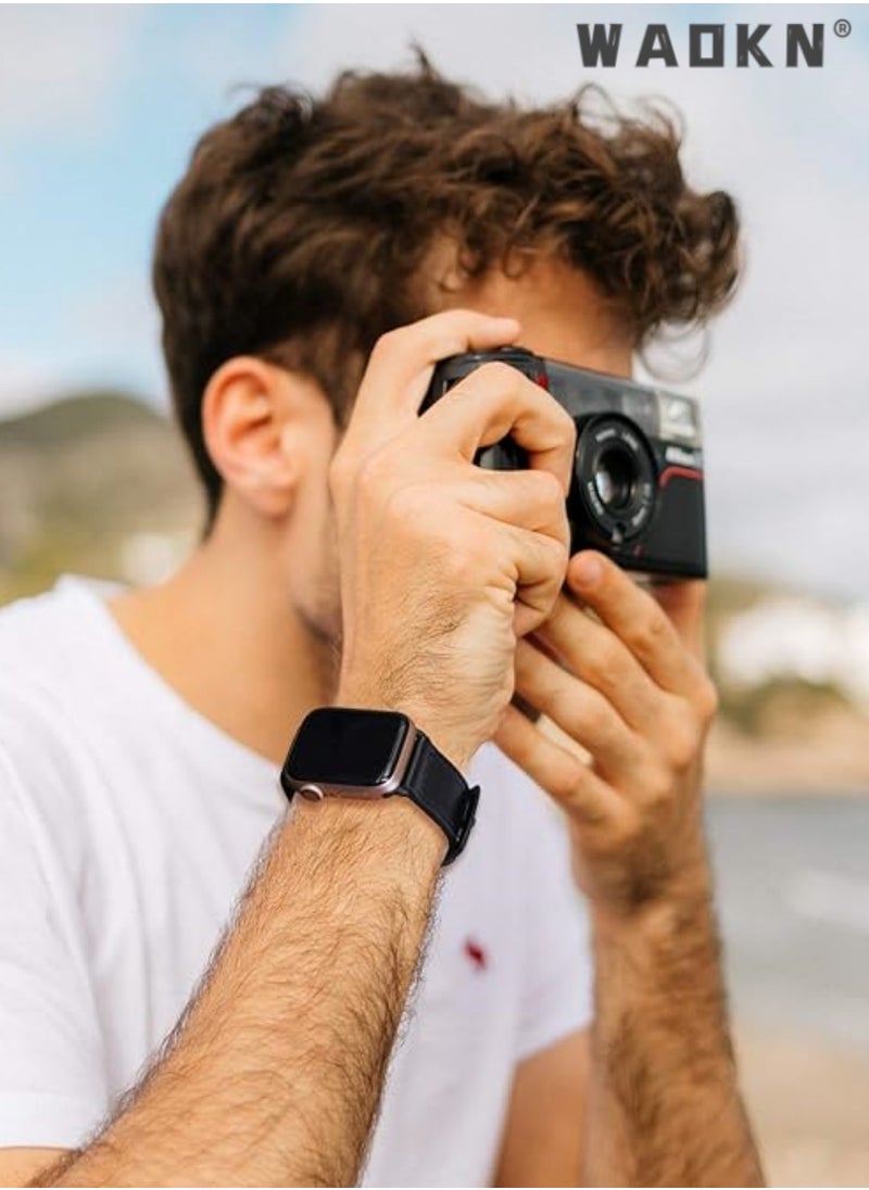 WAOKN - Compatible pour Bracelet Apple Watch,Genuine Leather and Soft Rubber Hybrid Sweatproof Strap,Compatible with 49mm 45mm 44mm 42mm, Fits for Apple Watch Ultra 9 8 7 Series, Black - Image 1
