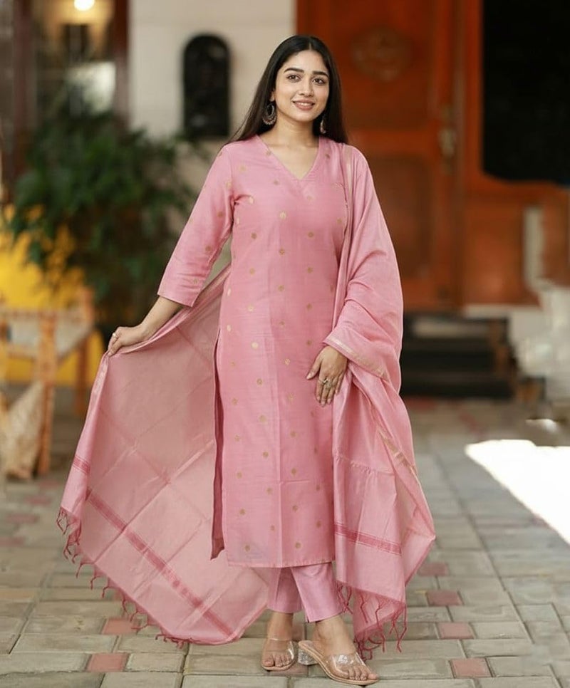 GoSriKi Women's Rayon Viscose Straight Printed Kurta with Pant & Dupatta (SDF PINK-VKS01-GS_XL_Pink_X-Large) - Image 4