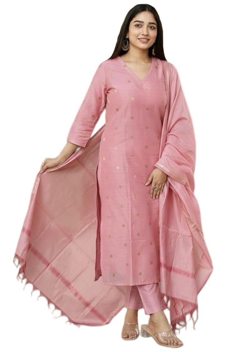 GoSriKi Women's Rayon Viscose Straight Printed Kurta with Pant & Dupatta (SDF PINK-VKS01-GS_XL_Pink_X-Large) - Image 1