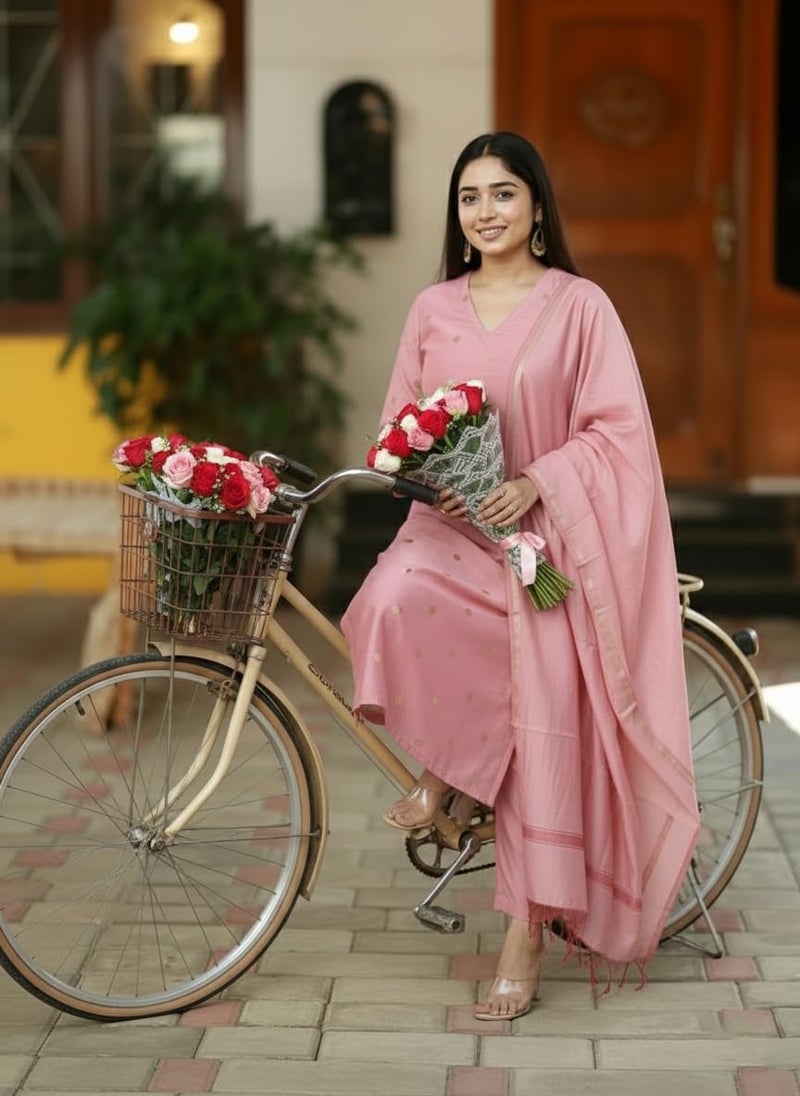 GoSriKi Women's Rayon Viscose Straight Printed Kurta with Pant & Dupatta (SDF PINK-VKS01-GS_XL_Pink_X-Large) - Image 5