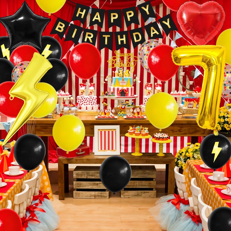 Vibzox 7th Birthday Decorations for Boys,Red Black Yellow Birthday Balloon Kids Printed Number 7 Balloons Banner Cake Topper Boy Girls 7 Year Old Party Decor - Image 3