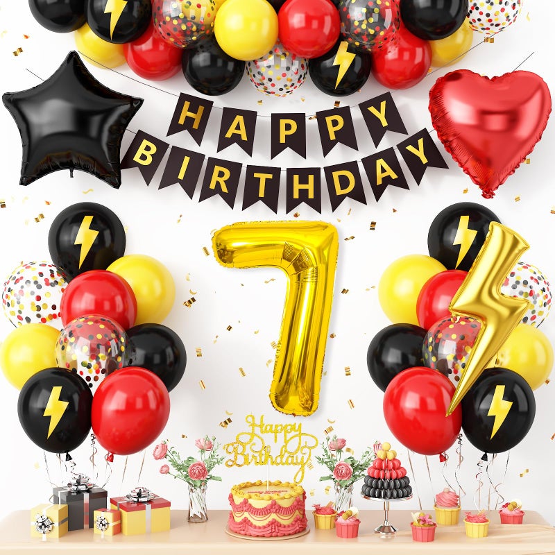 Vibzox 7th Birthday Decorations for Boys,Red Black Yellow Birthday Balloon Kids Printed Number 7 Balloons Banner Cake Topper Boy Girls 7 Year Old Party Decor - Image 1