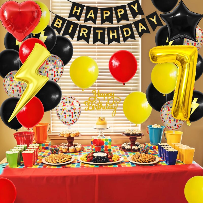 Vibzox 7th Birthday Decorations for Boys,Red Black Yellow Birthday Balloon Kids Printed Number 7 Balloons Banner Cake Topper Boy Girls 7 Year Old Party Decor - Image 5