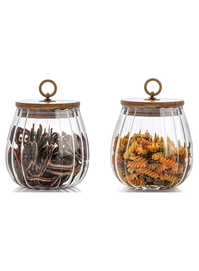 AUTOYSUR Glass Storage Jars with Airtight Lids, Decorative Coffee Bar Container with Airtight Bamboo Lid Metal Ring Canisters Sets for Home Kitchen Storing Candy, Cookie, Nuts, Oatmeal (Oval, 2pcs)  - Image 1
