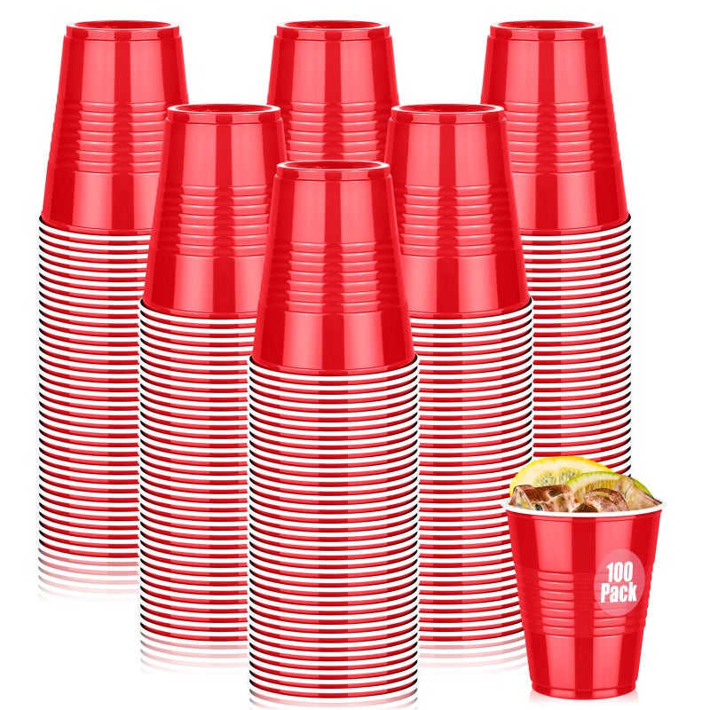 Dualshine 100 Pack Red Plastic Cups 12 oz  Disposable Cups for Party  Heavy Duty Drinking Cups  Christmas Shot Cups for Wedding Birthday Beer Taste Serving Snack Sample Tastings Barbecues - Image 1