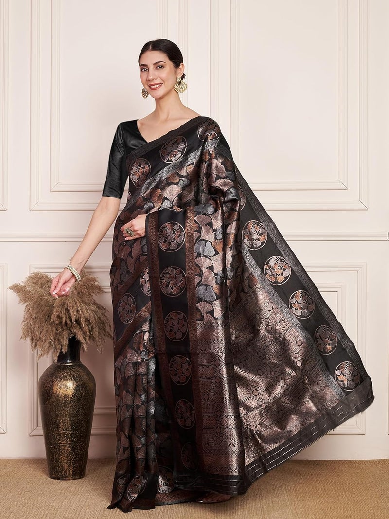 Sidhidata Women's Black Jacquard Kanjeevaram Banarasi Silk Saree with Zari Woven Floral Design and Unstitched Blouse Piece - Image 3